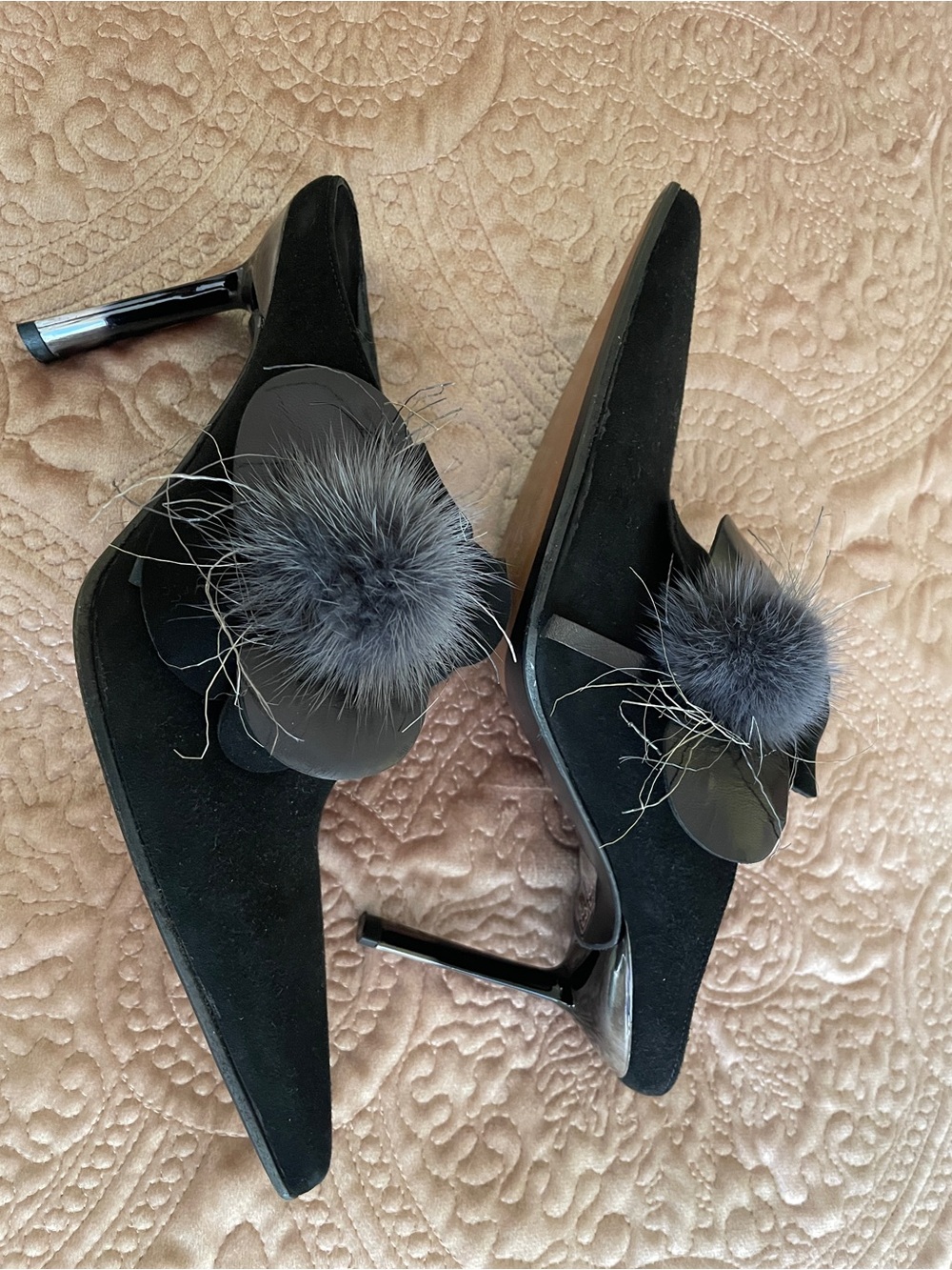 Via Marco Lorenzo Black Pom-Pom Suede Heeled Mules 36